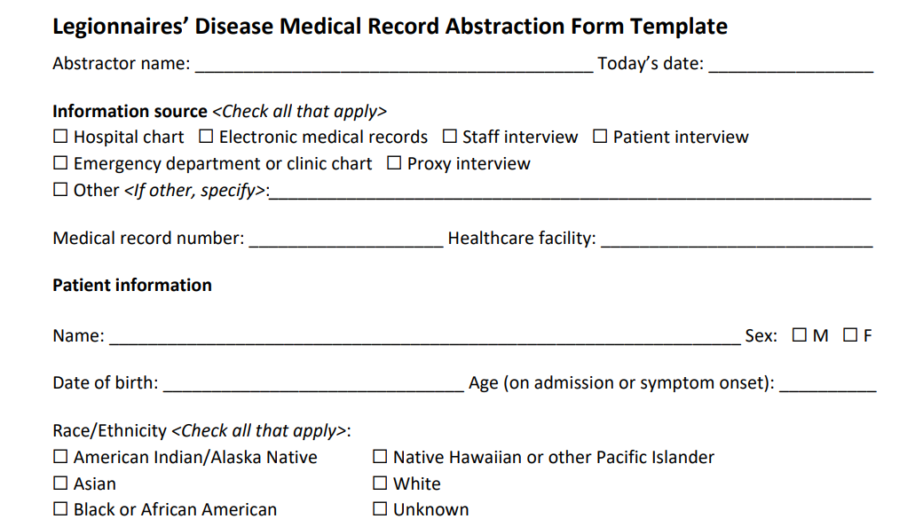 Medical Abstraction Template Image of the first page of the medical record abstraction template.