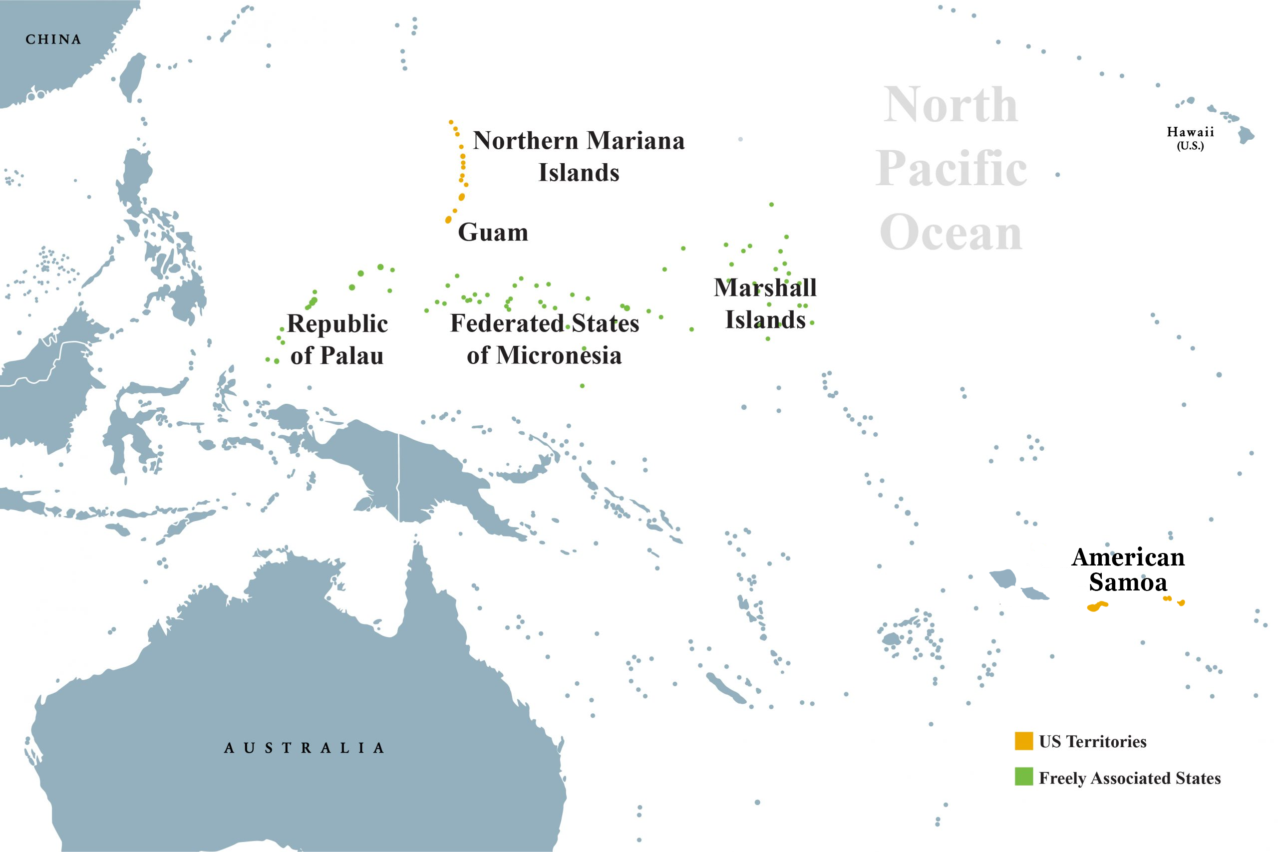 A map showing the Pacific islands. Water is shown in white and most land is shown in teal. American Samoa and the Northern Mariana Islands are shown in orange, denoting that they are US territories. The Republic of Palau, the Federated States of Micronesia, and the Marshall Islands are shown in green, denoting that they are freely associated states.