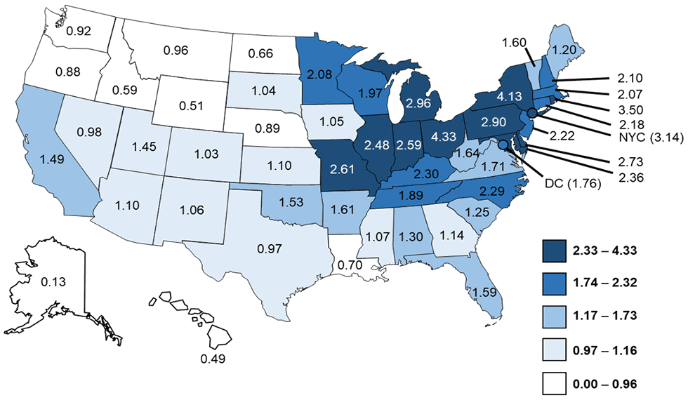 Figure 3a: Crude incidence rates of reported confirmed cases of Legionnaires&rsquo; disease by jurisdiction of residence&mdash;NNDSS, United States, 2016.