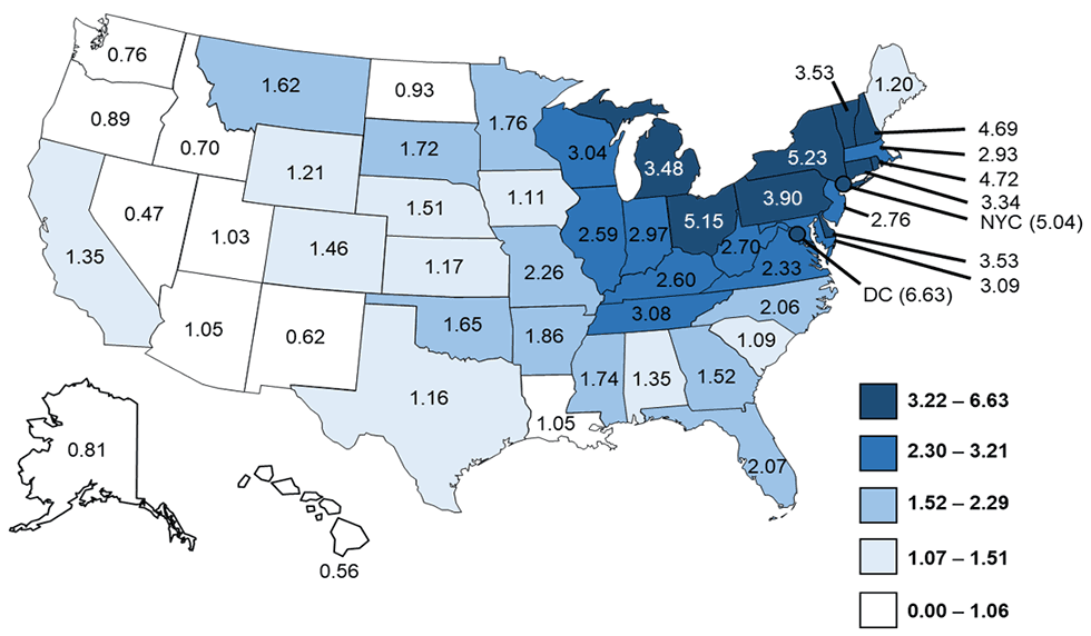 Figure 3b: Crude incidence rates of reported confirmed cases of Legionnaires&rsquo; disease by  jurisdiction of residence&mdash;NNDSS, United States, 2017.