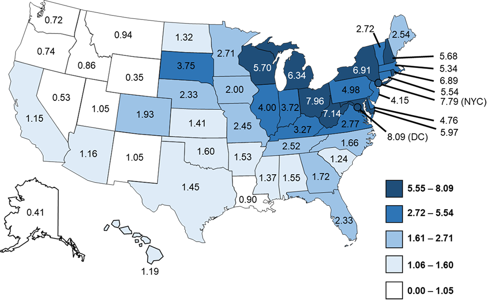 Figure 3a. Crude incidencea rates of reported confirmed cases of Legionnaires&rsquo; disease by jurisdiction of residence&mdash;NNDSS, United States, 2018