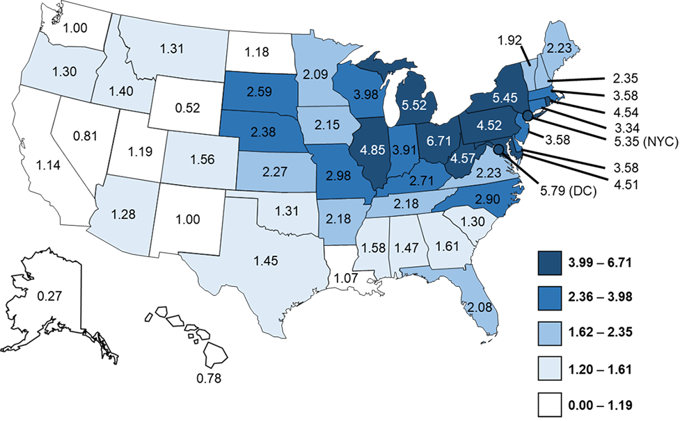 Figure 3b. Crude incidence rates of reported confirmed cases of Legionnaires&rsquo; disease by jurisdiction of residence&mdash;NNDSS, United States, 2019