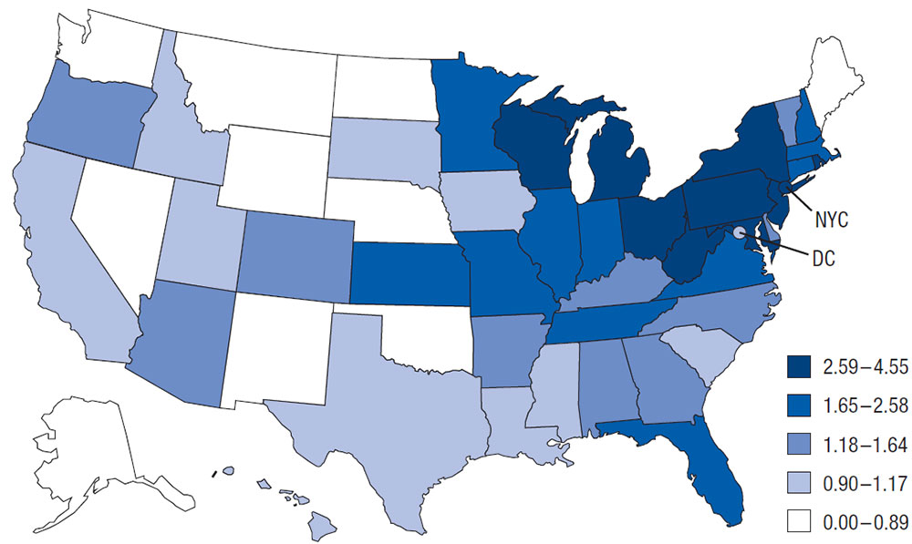 Figure 3a. Crude incidence rates of reported confirmed cases of Legionnaires&rsquo; disease by jurisdiction of residence&mdash;NNDSS, United States, 2020