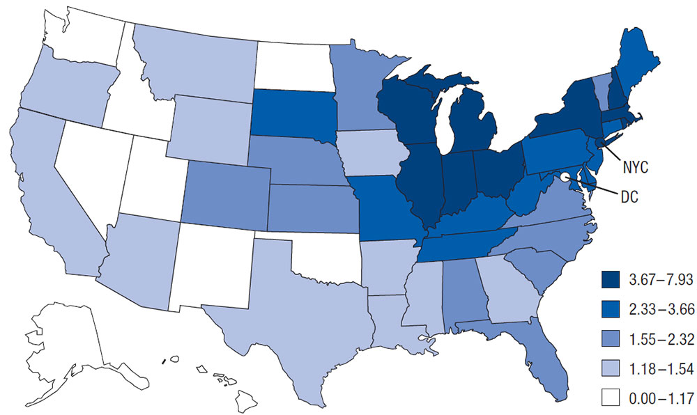 Figure 3b. Crude incidence rates of reported confirmed cases of Legionnaires&rsquo; disease by jurisdiction of residence&mdash;NNDSS, United States, 2021