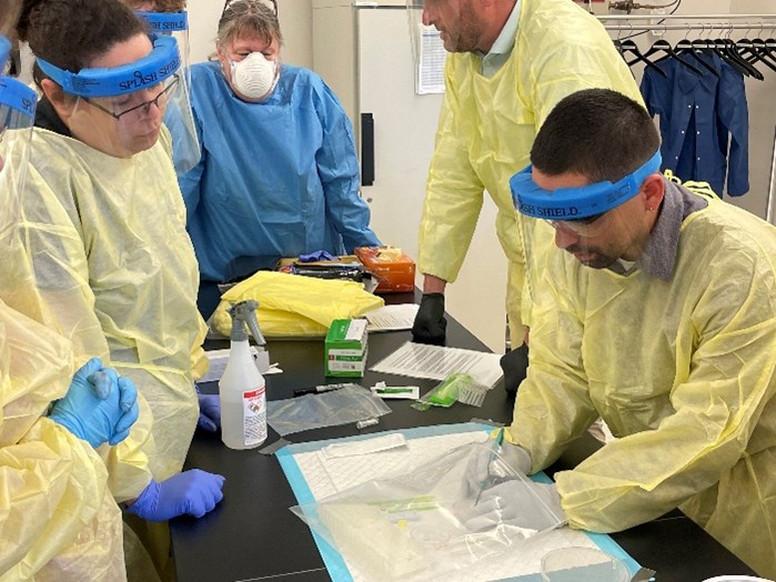 An LLS officer shows colleagues how to collect rabies specimens and do rapid testing.