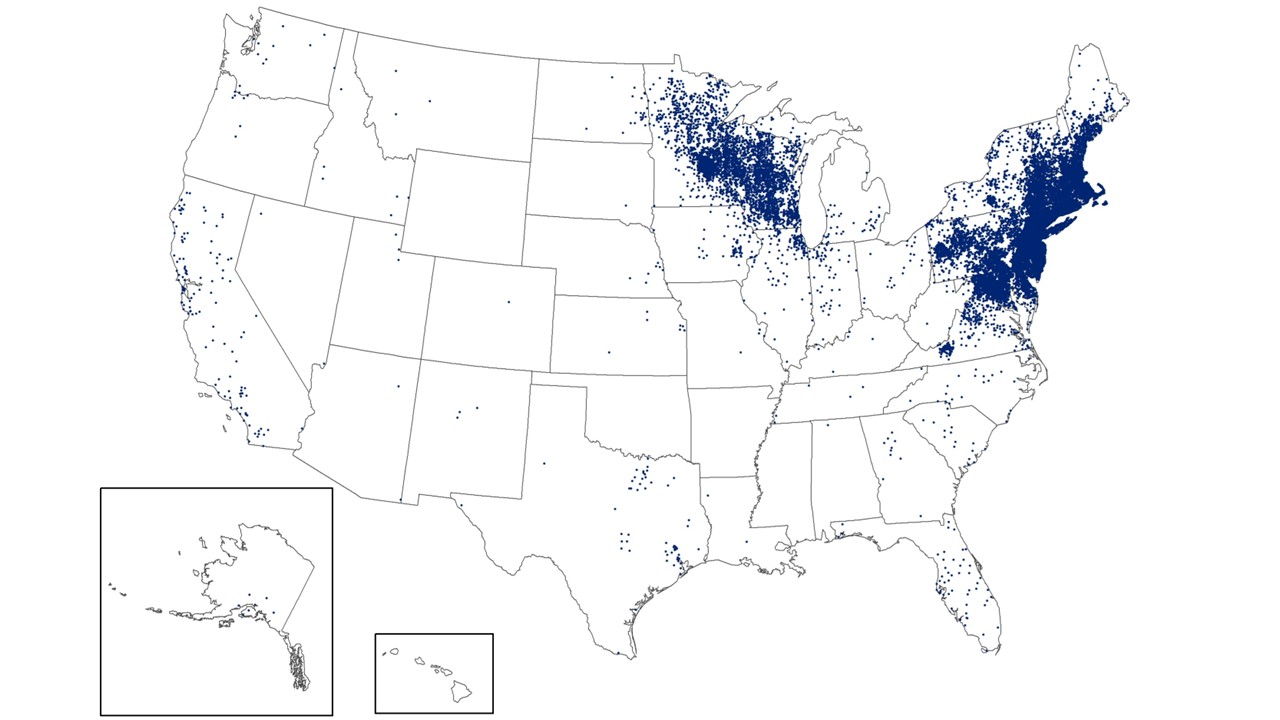 Map of the United States showing reported cases of Lyme disease in 2010.