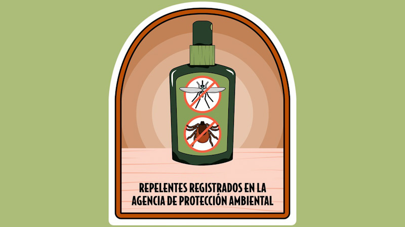 Frasco de repelente con las palabras: &laquo;Repelentes registrados en la Agencia de Protecci&oacute;n Ambiental&raquo;.