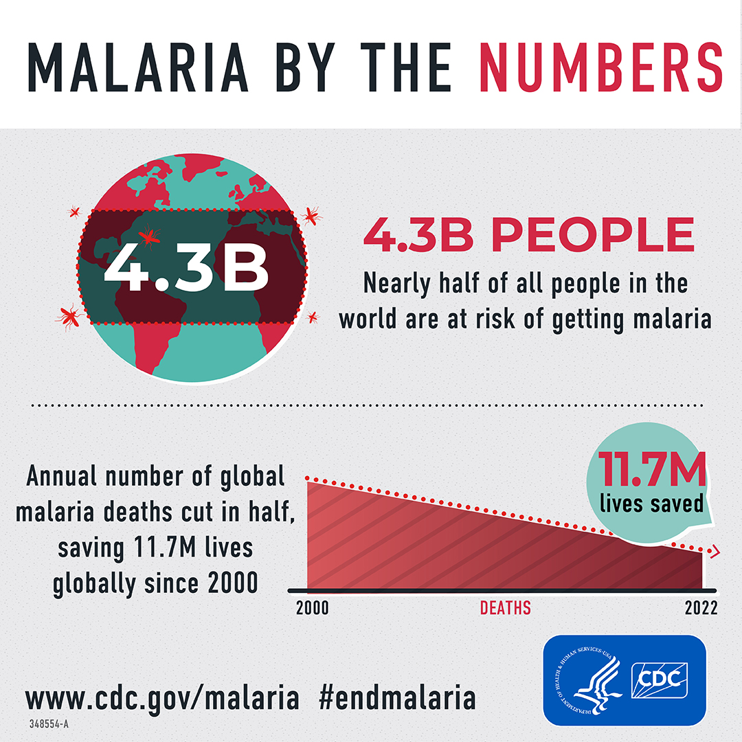 Illustration of a world globe with text malaria by the numbers.