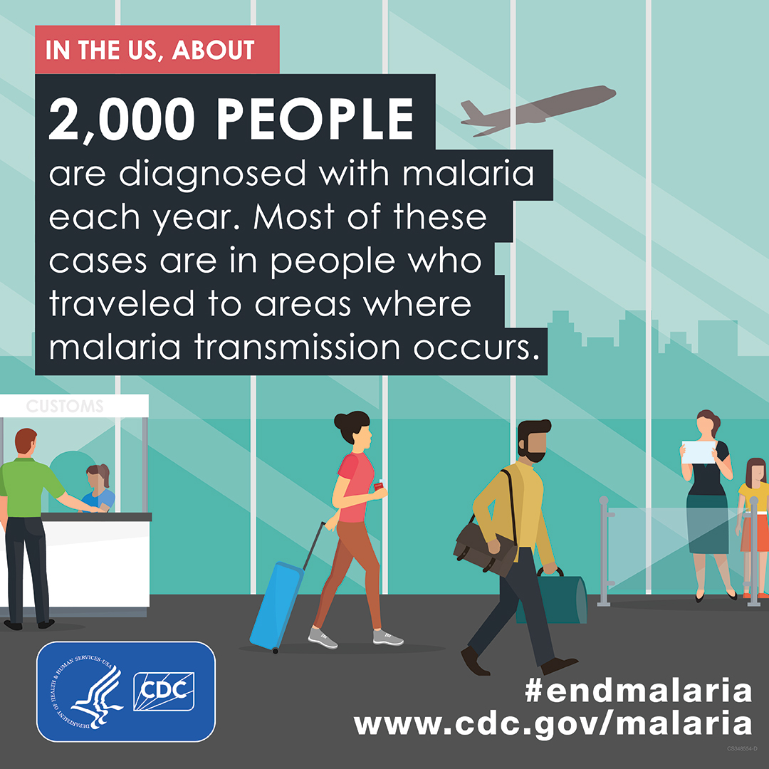Illustration of an airport with text 2,000 people are diagnosed with malaria each year.