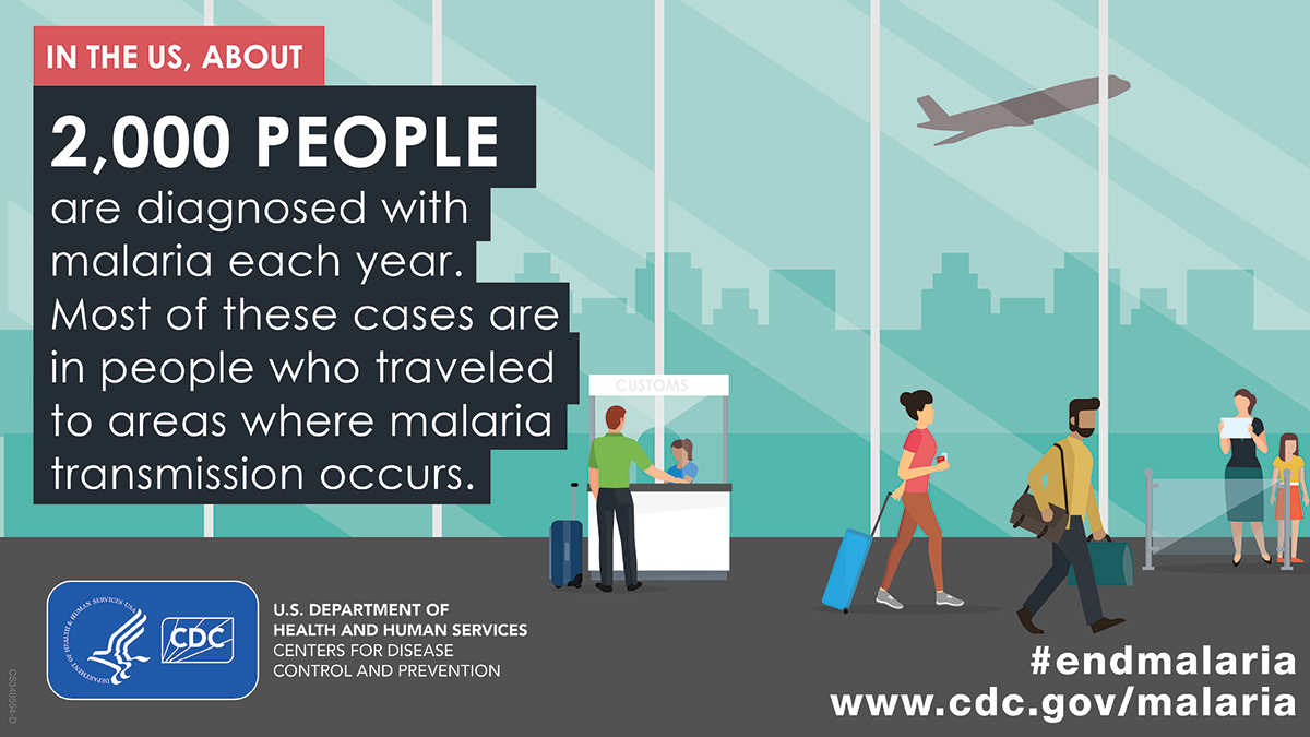 Illustration of an airport with text 2,000 people are diagnosed with malaria each year.