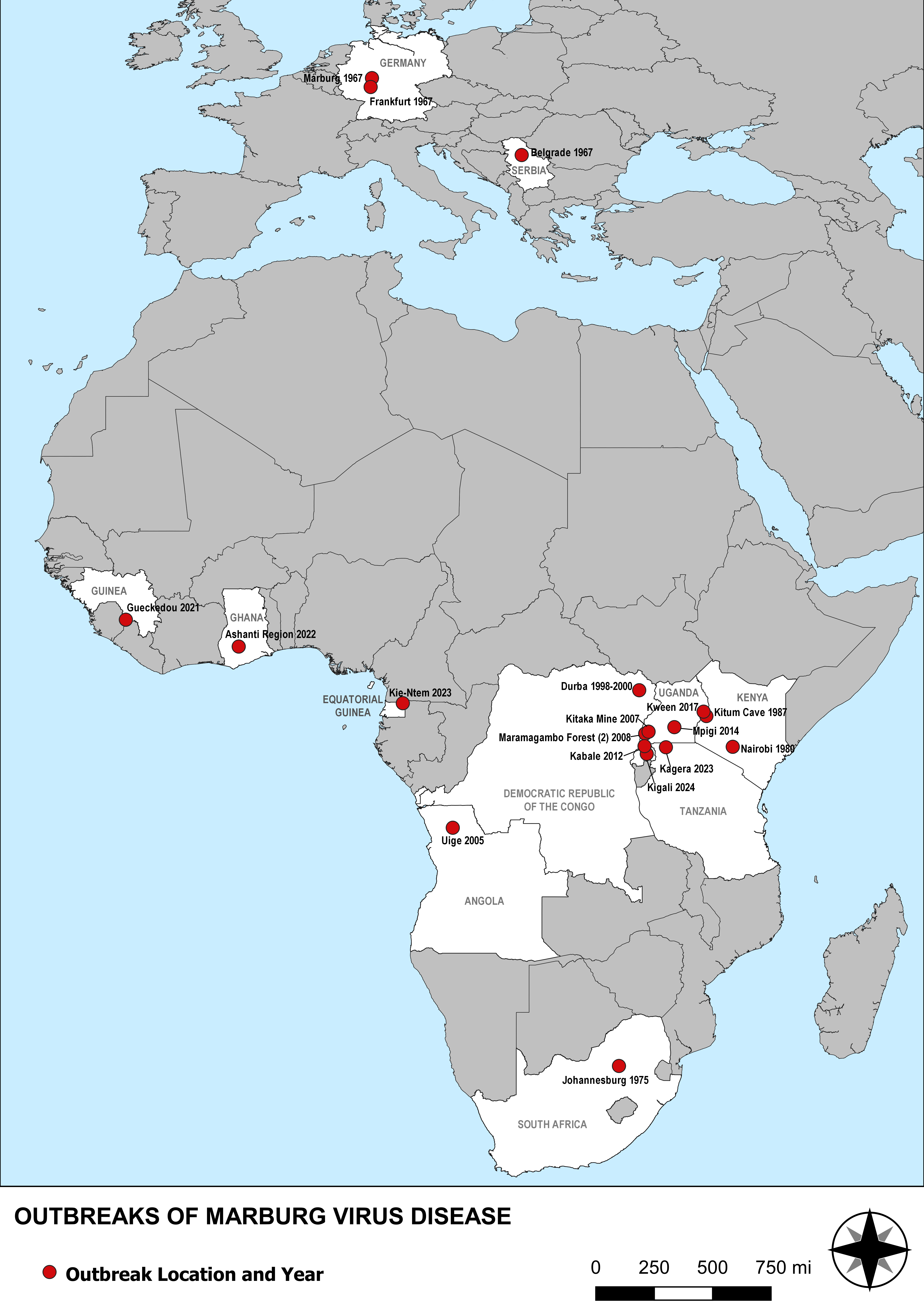 A map showing Marburg outbreak locations