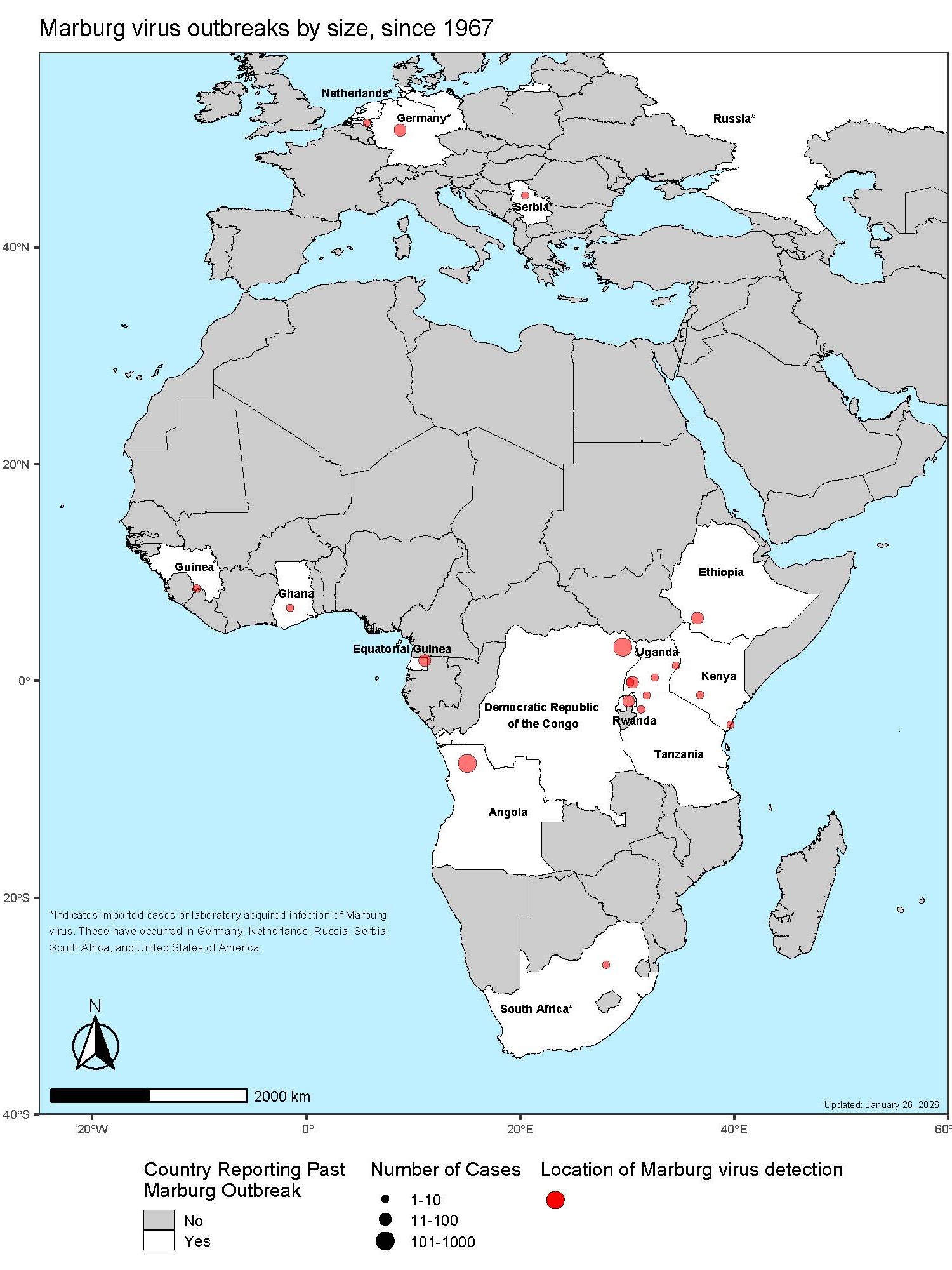 a map showing Marburg outbreak locations