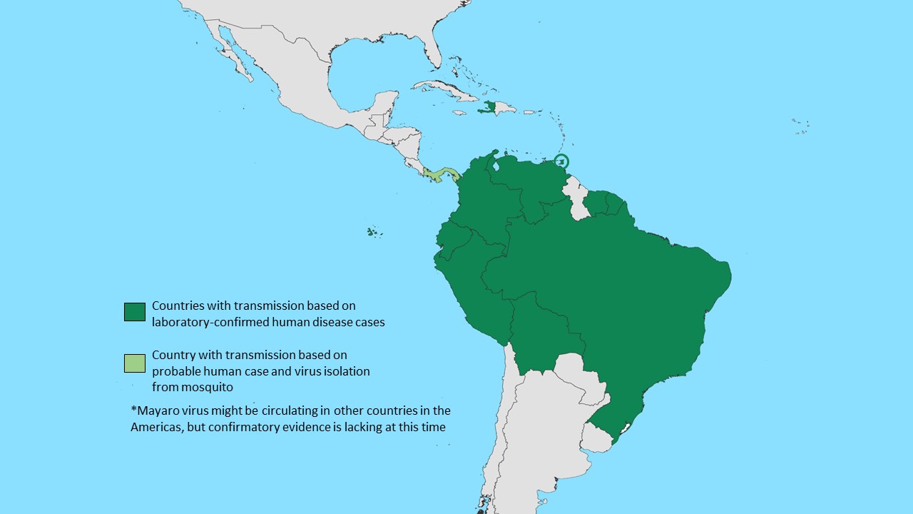 Map showing the distribution of Mayoro virus in the Americas.