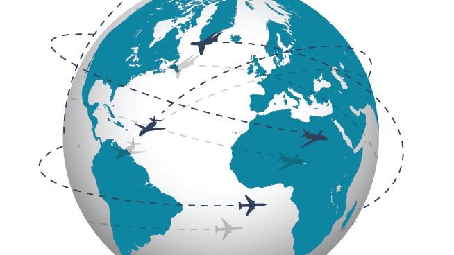 Illustration of planes flying around the world.