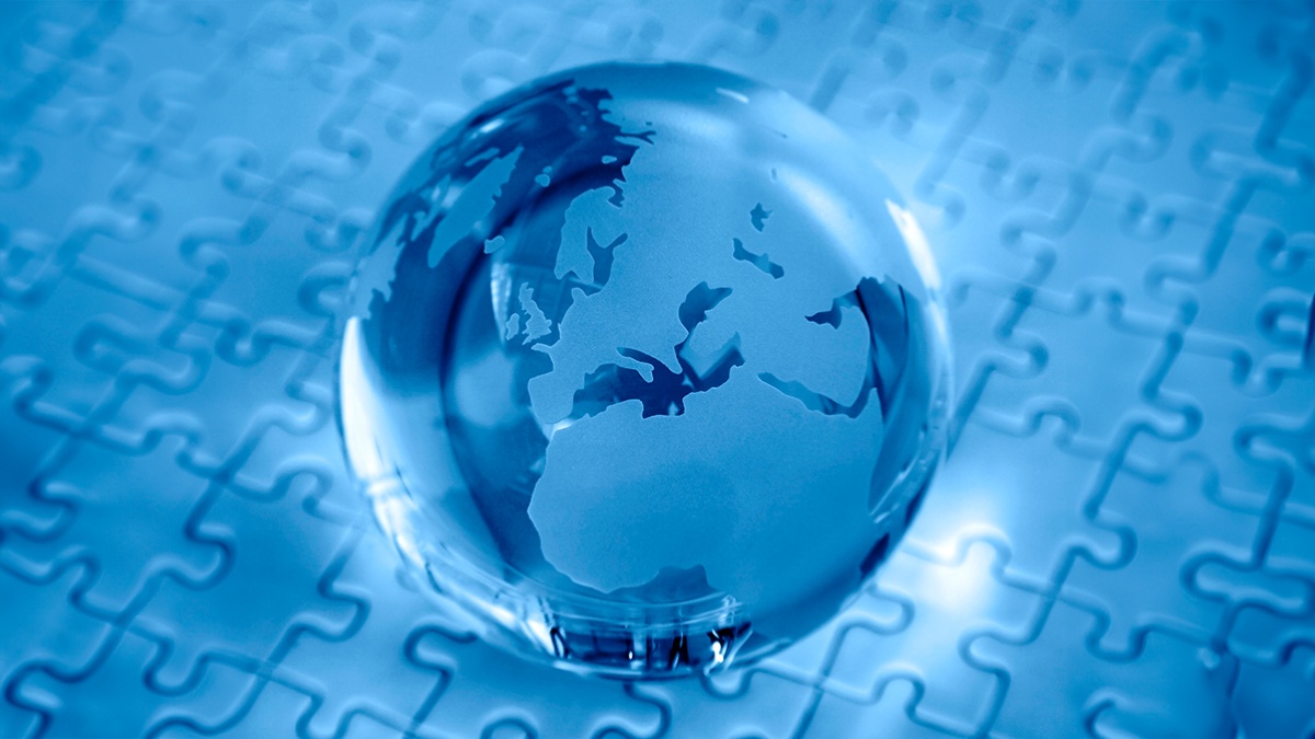 Blue graphic of a globe