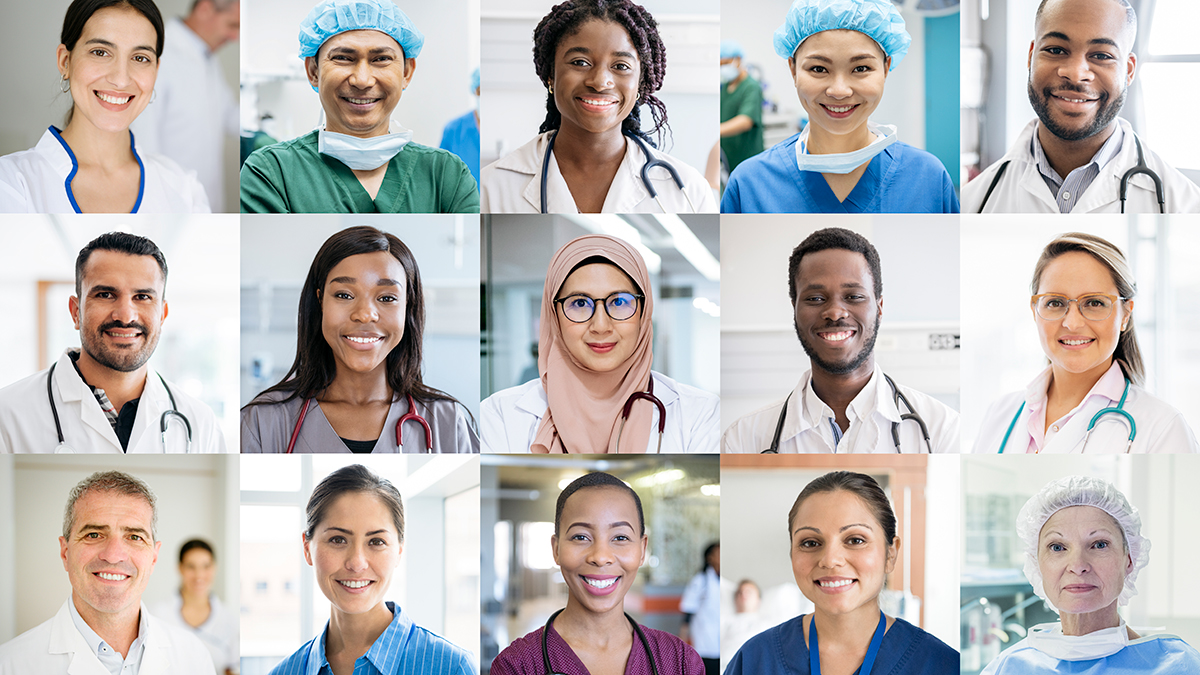 Healthcare Provider Toolkit Montage of professional healthcare staff headshot portraits smiling and looking to camera.
