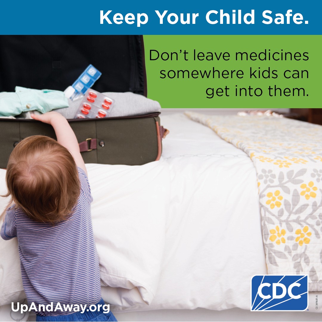 An image of a child reaching into a suitcase with text above the image that reads "Keep Child Safe. Don't leave medicines somewhere kids can get into them". CDC logo bottom right.
