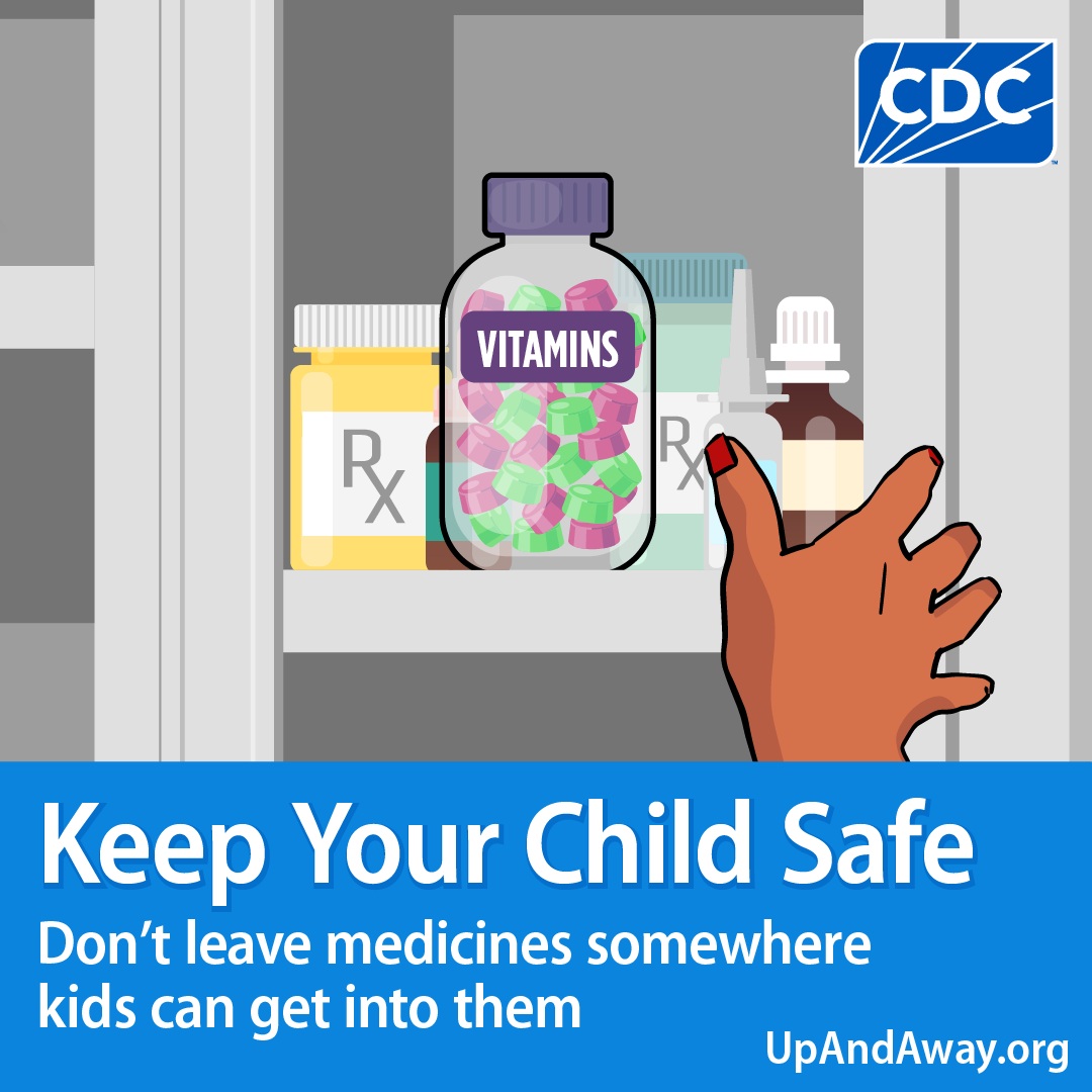 An illustration of a cabinet with a hand reaching up to various medications, including a bottle labeled 'VITAMINS', and a message that reads: 'Keep Your Child Safe, don’t leave medicines somewhere kids can get into them” – CDC logo and UpandAway.org