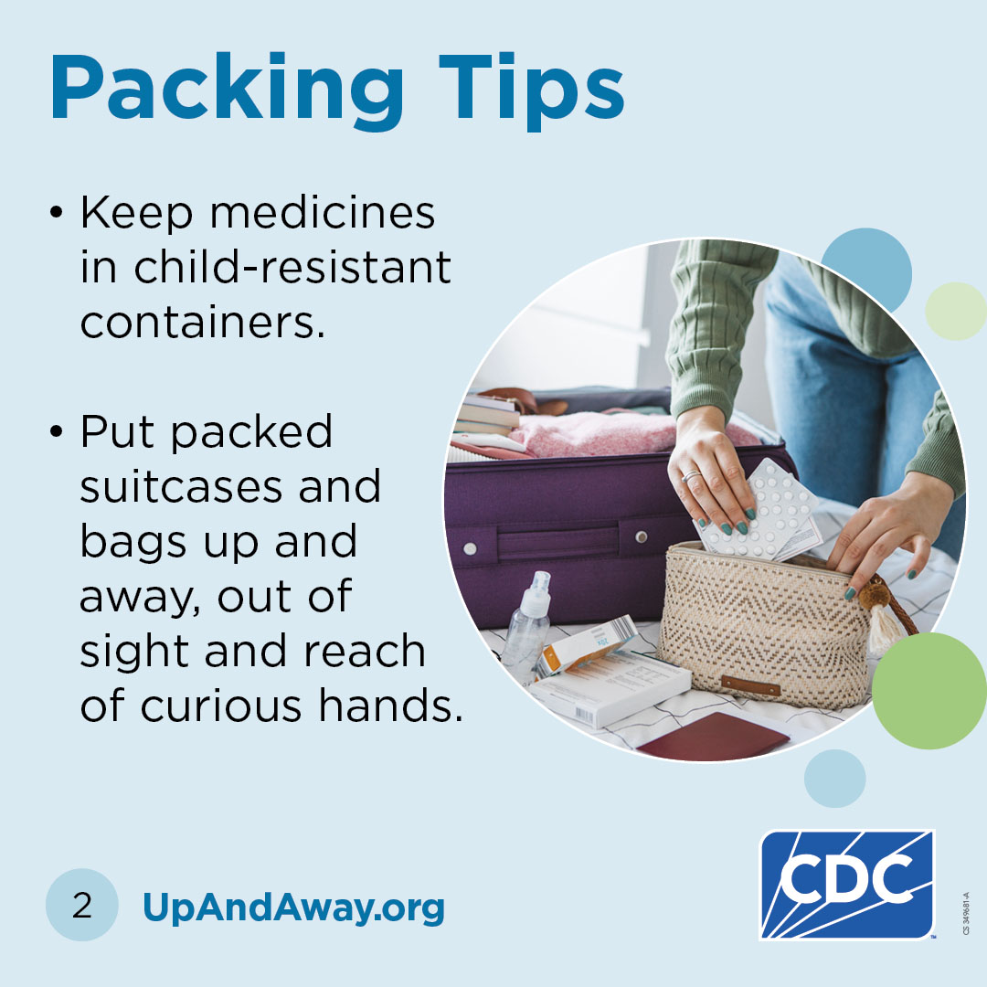 Slide 2: An Image of someone packing their medications in separate bag next to a suitcase. Image titles "Packing Tips" with text that reads "Keep medicines in child-resistant containers. Put packed suitcases and bags up and away, out of sight and reach of curious hands".
