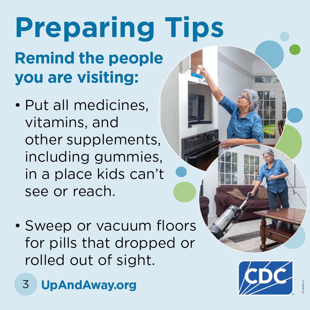 Slide 3: Image Titled "Arrival Tips" first image is someone getting medicine from the top shelf of a cabinet and the second image of someone punching numbers in on an open safe. With text that reads "When you arrive at your destination find a high shelf, cabinet, or safe (if staying in a hotel room) That is up and away, out of sight and reach of young children.