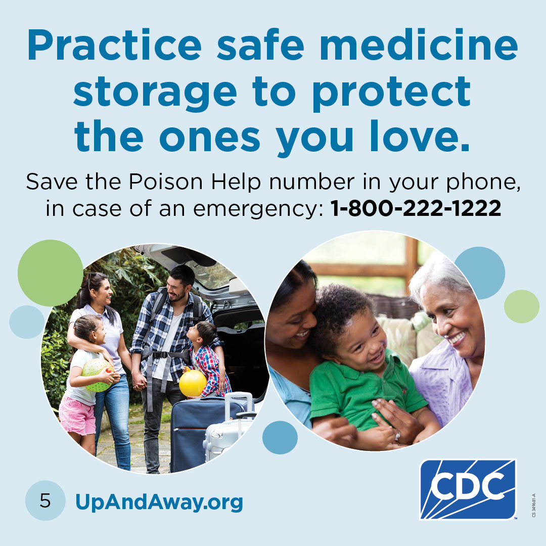 Slide 5: Image Titled "Practice safe medicine storage to protect the ones you love." With two images of families. With text above the images that read" Save the Poison Help number in your phone in case of an emergency: 1-800-222-1222.