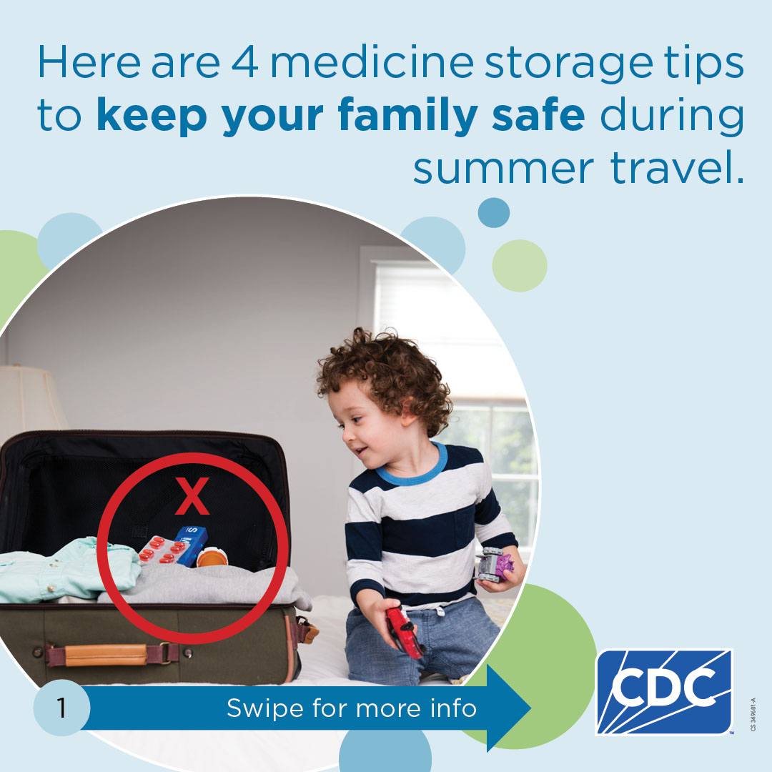 Slide 1: An image of a child next to a suitcase containing medication with circled with a red cross. With text that reads "Here are 4 medicine storage tips to keep your family safe during summer travel."