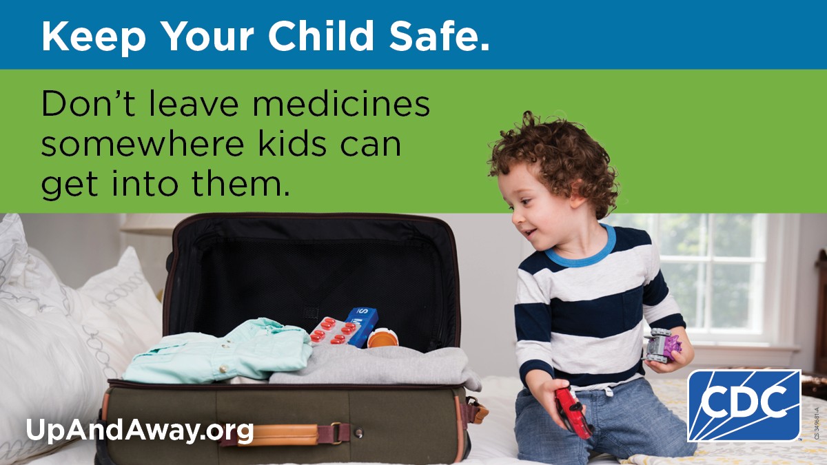 An image of a child sitting next to a suitcase with text above the image that reads "Keep Child Safe. Don't leave medicines somewhere kids can get into them". CDC logo bottom right.