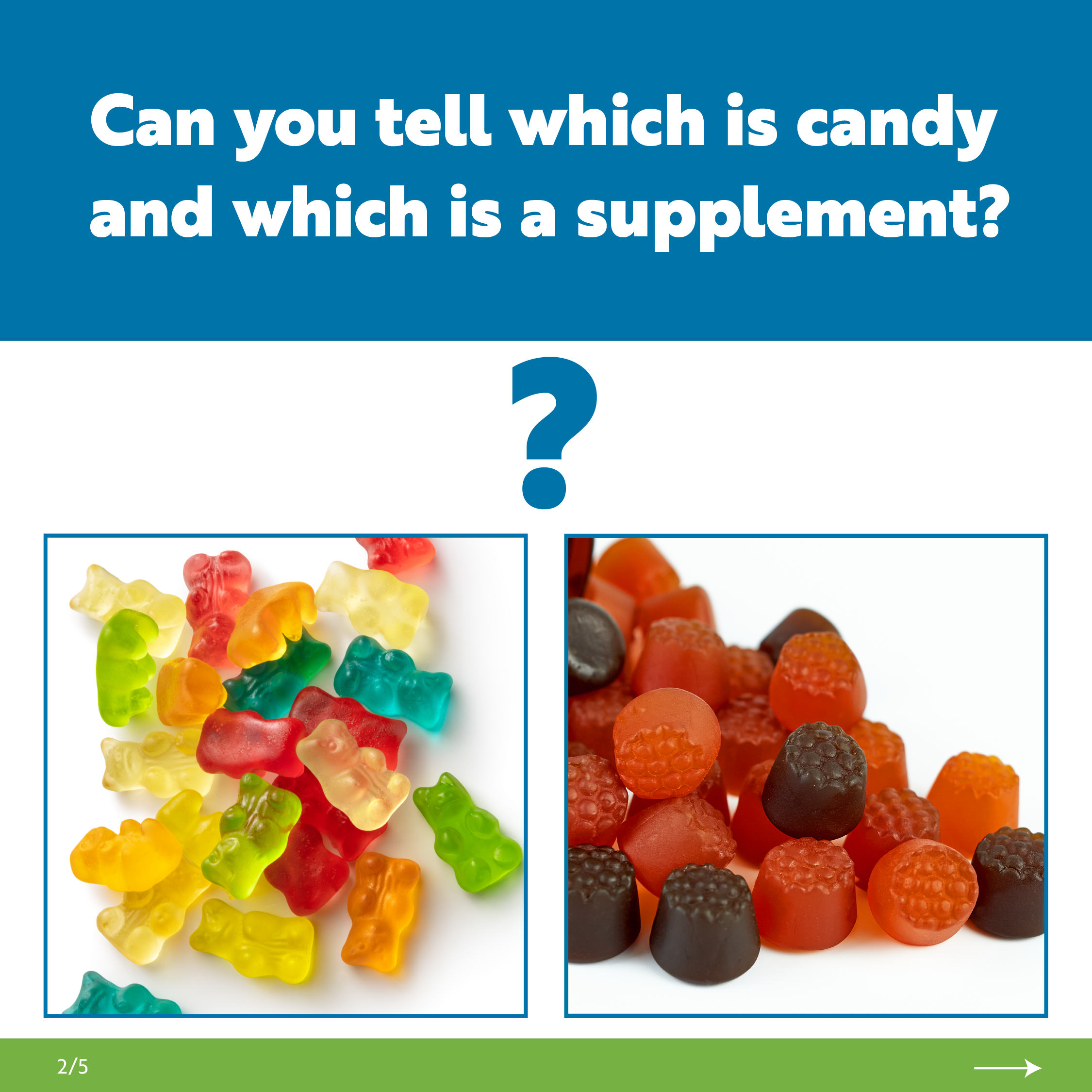 Gummy bear candies and a photo of gummy supplements. Text reads: Can you tell which is candy and which is a supplement?