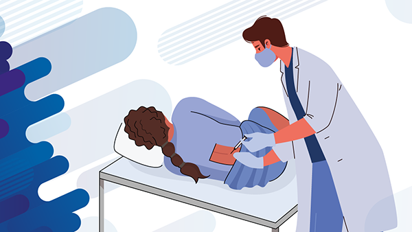 Ilustraci&oacute;n de un m&eacute;dico realizando una punci&oacute;n lumbar en un paciente.