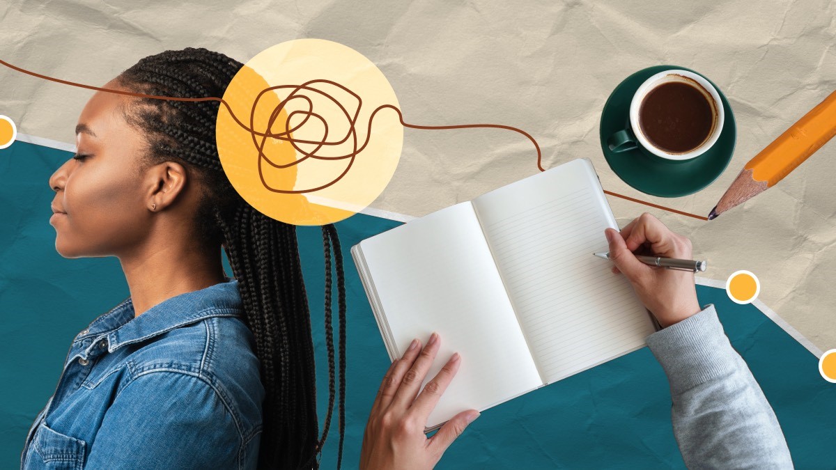 Alt text: Collage of woman, journaling, and coffee cup to indicate well-being