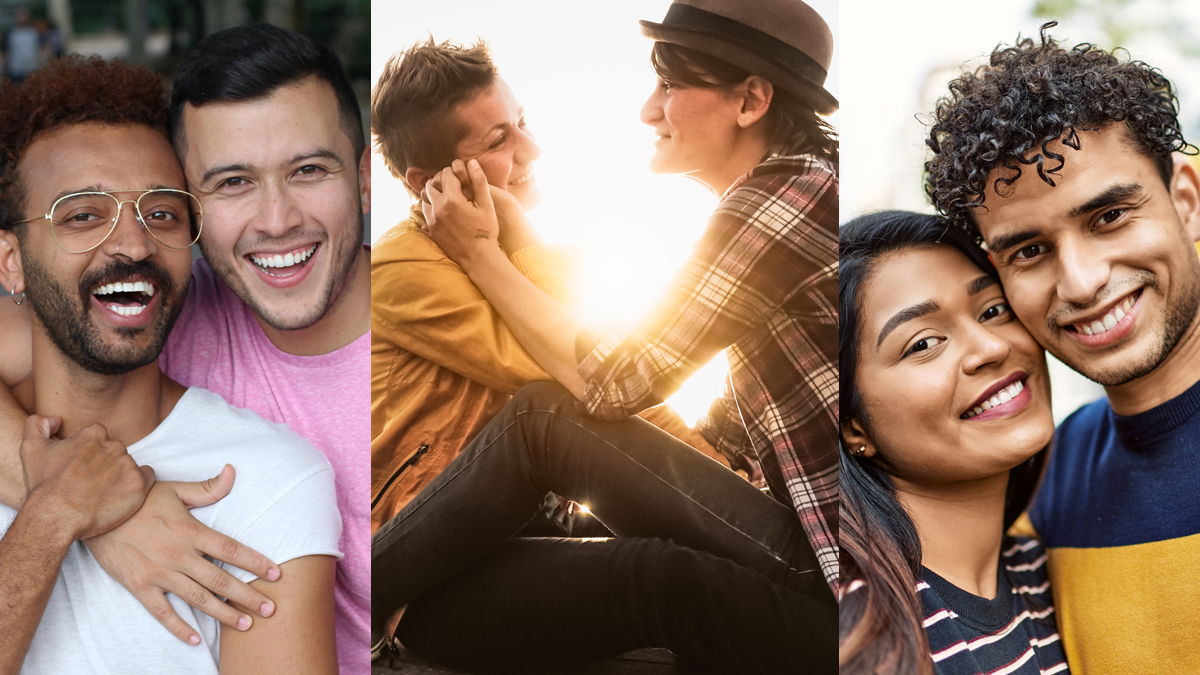 Three, diverse couples - two smiling into the camera, one couple smiling at each other.