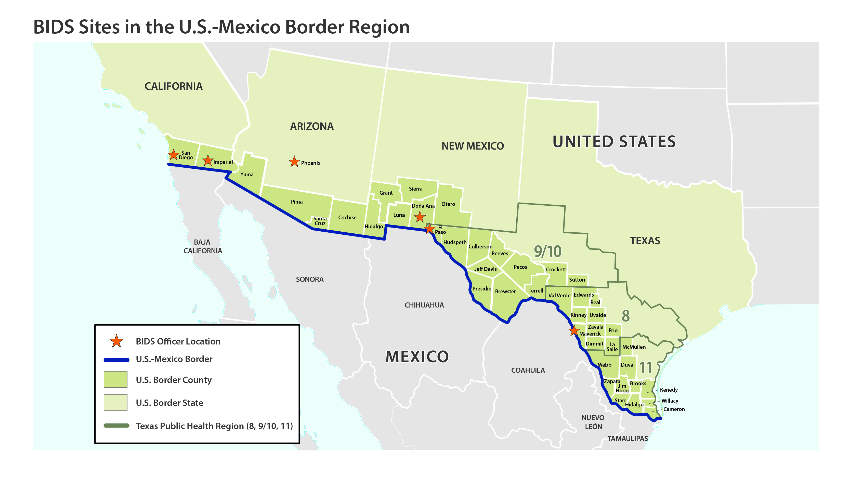 Map of the United States southern border states, California, Arizona, New Mexico, and Texas, and their border counties. BIDS officers are in San Diego County and Imperial County in California; in Phoenix, Arizona; Doña Ana, New Mexico. Texas has two BIDS officers, located in two different public health regions: El Paso County in Public Health Region 9 and 10 and Maverick County in Public health Region 8.