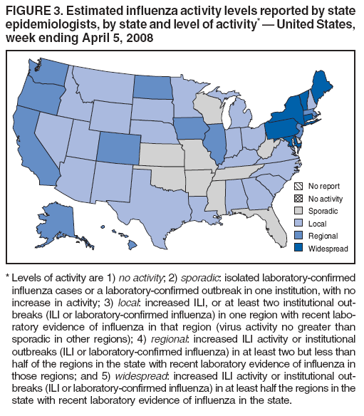 FIGURE 3. Estimated influenza activity levels reported by state
epidemiologists, by state and level of activity* � United States,
week ending April 5, 2008