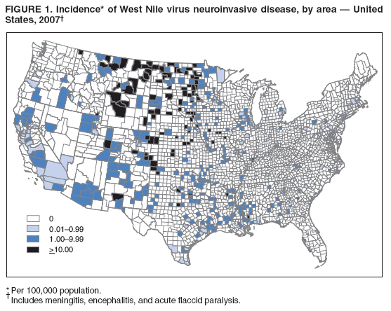 FIGURE 1. Incidence* of West Nile virus neuroinvasive disease, by area � United
States, 2007�