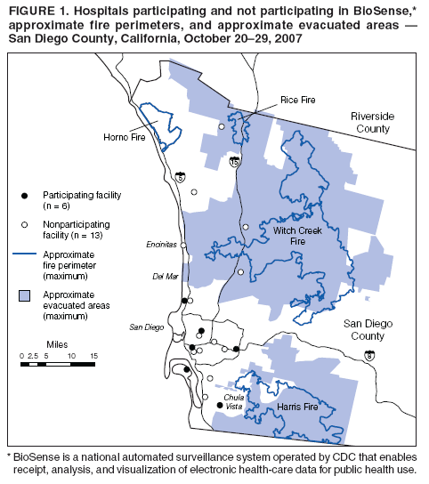FIGURE 1. Hospitals participating and not participating in BioSense,*
approximate fire perimeters, and approximate evacuated areas �
San Diego County, California, October 20�29, 2007