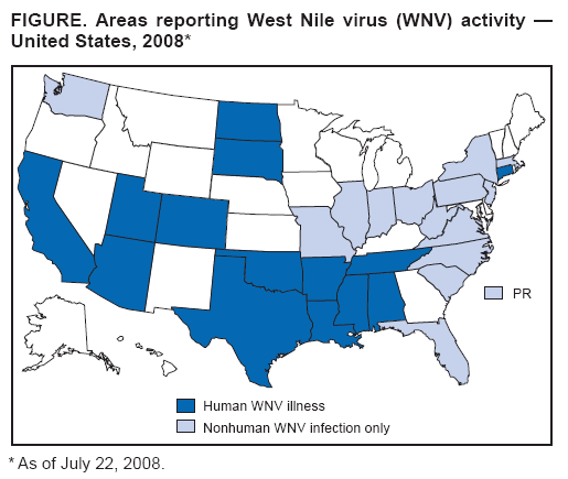 FIGURE. Areas reporting West Nile virus (WNV) activity � United States, 2008*
