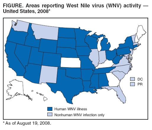 FIGURE. Areas reporting West Nile virus (WNV) activity �
United States, 2008*