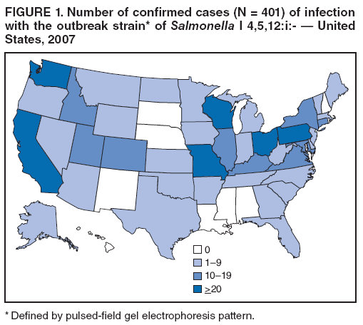 FIGURE 1. Number of confirmed cases (N = 401) of infection with the outbreak strain* of Salmonella I 4,5,12:i:- � United States, 2007