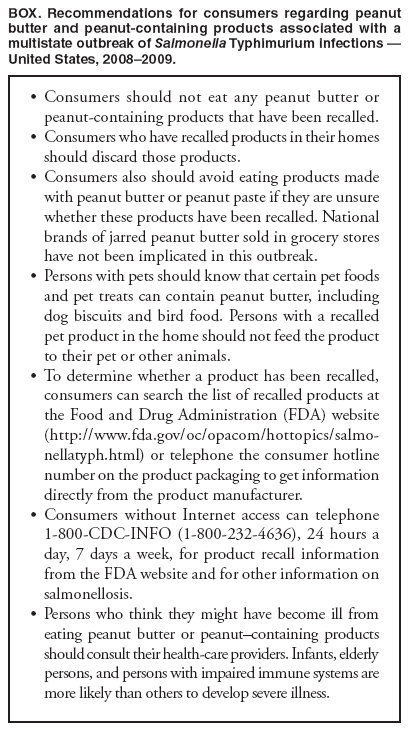 BOX. Recommendations for consumers regarding peanut butter and peanut-containing products associated with a multistate outbreak of Salmonella Typhimurium infections � United States, 2008�2009.
Consumers should not eat any peanut butter or
peanut-containing products that have been recalled.
� Consumers who have recalled products in their homes should discard those products.
� Consumers also should avoid eating products made with peanut butter or peanut paste if they are unsure whether these products have been recalled. National brands of jarred peanut butter sold in grocery stores have not been implicated in this outbreak.
� Persons with pets should know that certain pet foods and pet treats can contain peanut butter, including dog biscuits and bird food. Persons with a recalled pet product in the home should not feed the product to their pet or other animals.
� To determine whether a product has been recalled, consumers can search the list of recalled products at the Food and Drug Administration (FDA) website (http://www.fda.gov/oc/opacom/hottopics/salmonellatyph.
html) or telephone the consumer hotline number on the product packaging to get information directly from the product manufacturer.
� Consumers without Internet access can telephone 1-800-CDC-INFO (1-800-232-4636), 24 hours a day, 7 days a week, for product recall information from the FDA website and for other information on salmonellosis.
� Persons who think they might have become ill from eating peanut butter or peanut�containing products should consult their health-care providers. Infants, elderly persons, and persons with impaired immune systems are more likely than others to develop severe illness.