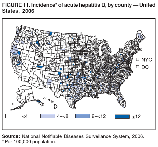 FIGURE 11. Incidence* of acute hepatitis B, by county � United
States, 2006