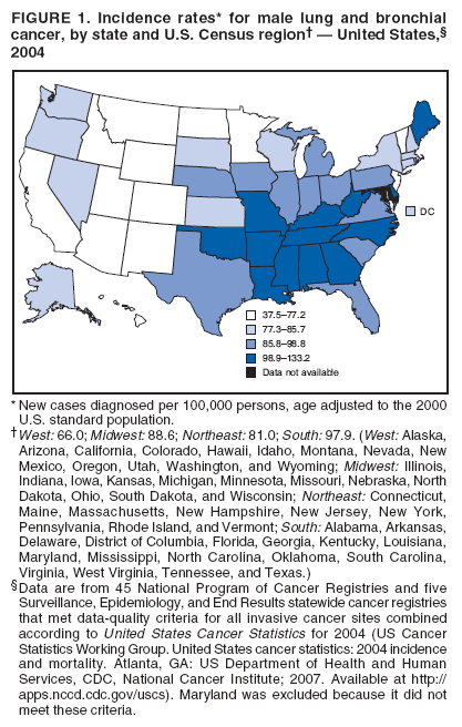 FIGURE 1. Incidence rates* for male lung and bronchial
cancer, by state and U.S. Census region� � United States,�
2004