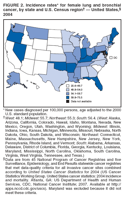FIGURE 2. Incidence rates* for female lung and bronchial
cancer, by state and U.S. Census region� � United States,�
2004