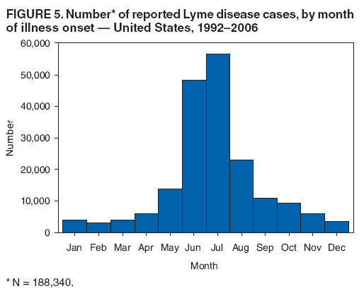 FIGURE 5. Number* of reported Lyme disease cases, by month of illness onset � United States, 1992�2006