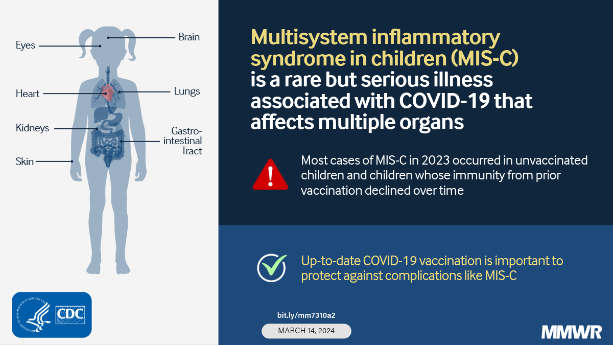 The figure is a labeled illustration of a child&rsquo;s body with text about multisystem inflammatory syndrome in children.