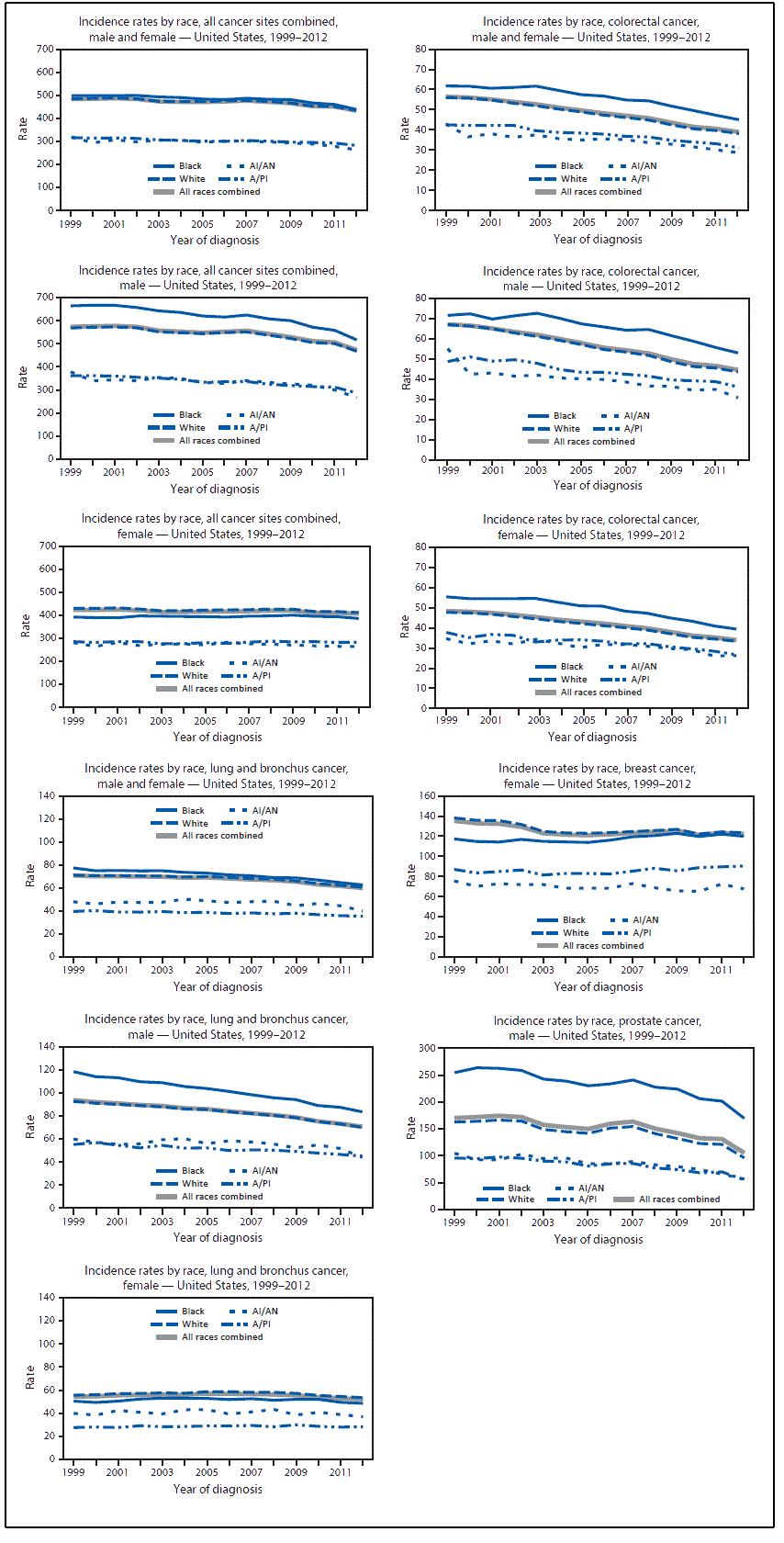 This figure presents 11 line charts showing, by race and sex, the age-adjusted rate per 100,000 persons of invasive cancer cases in the United States during 1999&acirc;&euro;&ldquo;2012. Rates are shown for males and females combined and separately for each sex for all cancer sites combined, colorectal cancer, and lung and bronchus cancer, and by race for male prostate cancer and female breast cancer.
