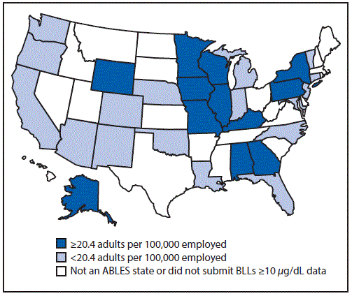 The figure shows a map of the United States indicating the prevalence rate per 100,000 employed persons aged &acirc;&yen;16 years of elevated blood lead levels &acirc;&yen;10 &Icirc;&frac14;g/dL for 2013 in the 28 states that participated in the State Adult Blood Lead Epidemiology and Surveillance programs. Results varied by state. The national rate in 2012 was 22.5 cases per 100,000 employed adults aged &acirc;&yen;16 years.