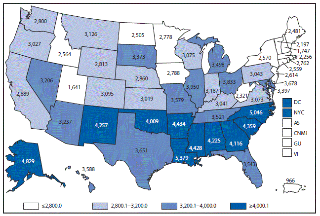 This figure is a map of the United States and U.S. territories that presents the incidence per 100,000 population of chlamydia among women aged 15&ndash;24 years in 2015.