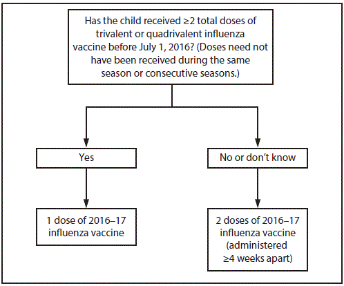 The figure depicts the influenza vaccine dosing algorithm for children aged 6 months through 8 years as recommended by the Advisory Committee on Immunization Practices for the 2016&ndash;17 influenza season in the United States. If the child received two or more total doses of trivalent or quadrivalent influenza vaccine before July 1, 2016 (doses need not have been received during the same season or consecutive seasons), then the child should receive one dose of 2016&ndash;17 influenza vaccine. If the child did not receive two or more total doses of trivalent or quadrivalent influenza vaccine before July 1, 2016 or if it is not known whether the child received two doses, then the child should receive two doses of 2016&ndash;17 influenza vaccine, administered four or more weeks apart.