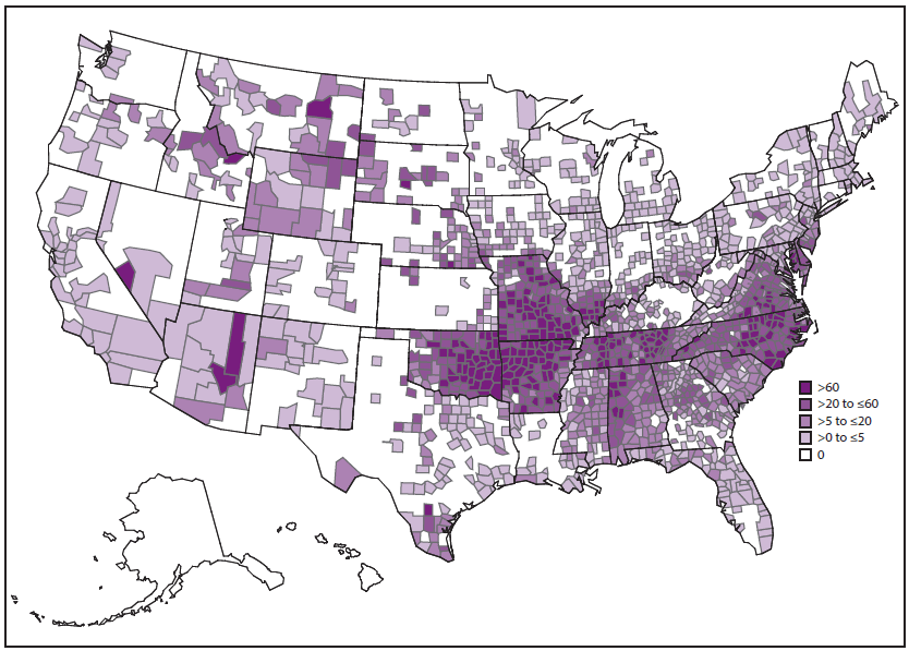 This figure is a map showing the reported incidence rate of spotted fever rickettsiosis, by county, in the United States during 2000&ndash;2013 as reported through national surveillance, per 1,000,000 persons per year. Cases are reported by county of residence, which is not always where the infection was acquired. Includes Rocky Mountain spotted fever (RMSF) and other spotted fever group rickettsioses. In 2010, the name of the reporting category changed from RMSF to spotted fever rickettsiosis.