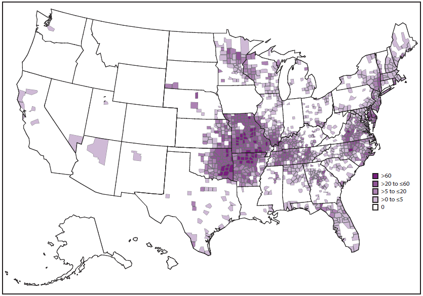 This figure is a photograph showing the reported incidence rate of Ehrlichia chaffeensis ehrlichiosis, by county, in the United States during 2000&ndash;2013, as reported through national surveillance, per 1,000,000 persons per year. Cases are reported by county of residence, which is not always where the infection was acquired.